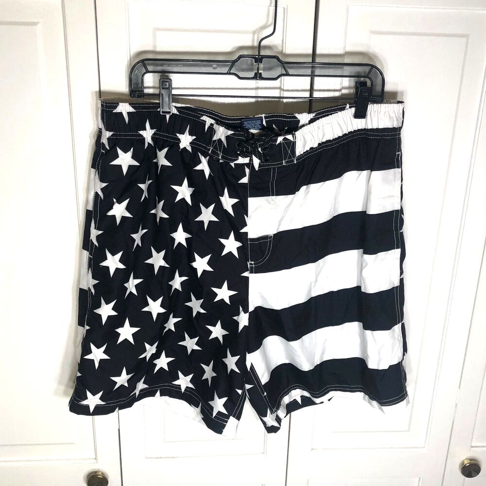 George Board Shorts L (36-38) Black White Flag Star Stripe Above Knee NWT